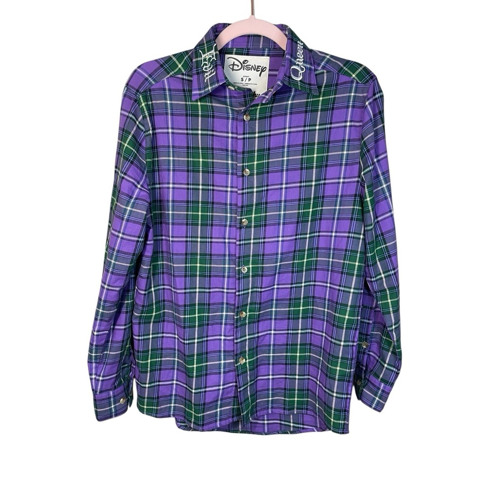 Disney Cakeworthy Snow White Evil Queen Villain Purple‎ Plaid Button Up- size S